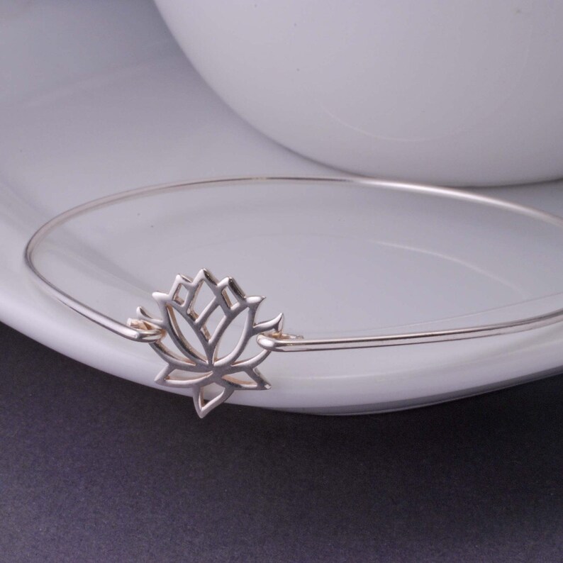 Lotus Flower Jewelry Simple Sterling Silver Bangle Bracelet Etsy