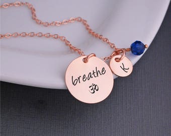 Rose Gold Breathe Necklace, Just Breathe Om Jewelry, Rose Gold Yoga Necklace, Yoga Gift, Spiritual Gift, Wellness Jewelry