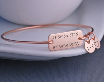 Bracelet Latitude Longitude en or rose, cadeau d'anniversaire pour femme, cadeau de fête des mères pour elle, bijoux coordonnés personnalisés, bijoux de lieu