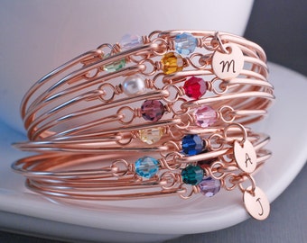 Rose Gold Birthstone Bracelet WITH CHARM, Rose Gold Bangle Bracelet, Rose Gold Birthstone Jewelry, Mother's Day Gift