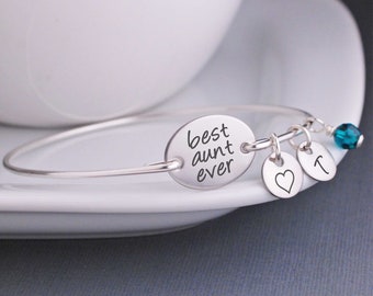 Best Aunt Ever Jewelry, Mother's Day Gift for Aunt, Bangle Bracelet with Initials, Birthday Gift from Niece and Nephew