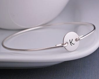 Simple Initial Bracelet, Custom Sterling Silver Bangle Bracelet, Personalized Bracelet, Modern Bangle Bracelet