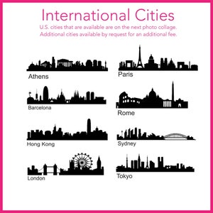 K&ouml;nnte beinhalten: Schwarz-wei&szlig;e Silhouetten von Skylines von St&auml;dten auf der ganzen Welt, darunter Athen, Paris, Barcelona, Rom, Hongkong, Sydney, London und Tokio. Der Text "International Cities" befindet sich oben im Bild.