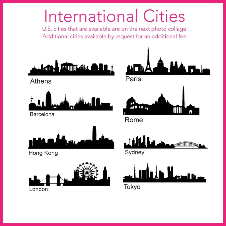 K&ouml;nnte beinhalten: Schwarz-wei&szlig;e Silhouetten von Skylines von St&auml;dten auf der ganzen Welt, darunter Athen, Paris, Barcelona, Rom, Hongkong, Sydney, London und Tokio. Der Text "International Cities" befindet sich oben im Bild.