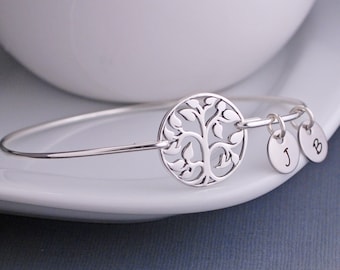 Grandmother Jewelry, Sterling Silver Family Tree Jewelry, Mother's Day Gift for Grandma, Holiday Jewelry Gift for Wife, Bangle Bracelet