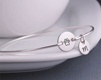 Paw Print Bracelet, Silver Personalized Pet Memorial Jewelry, Dog or Cat Lover Gift, Custom Gift for Animal Lover, Dog Mom, Cat Mom