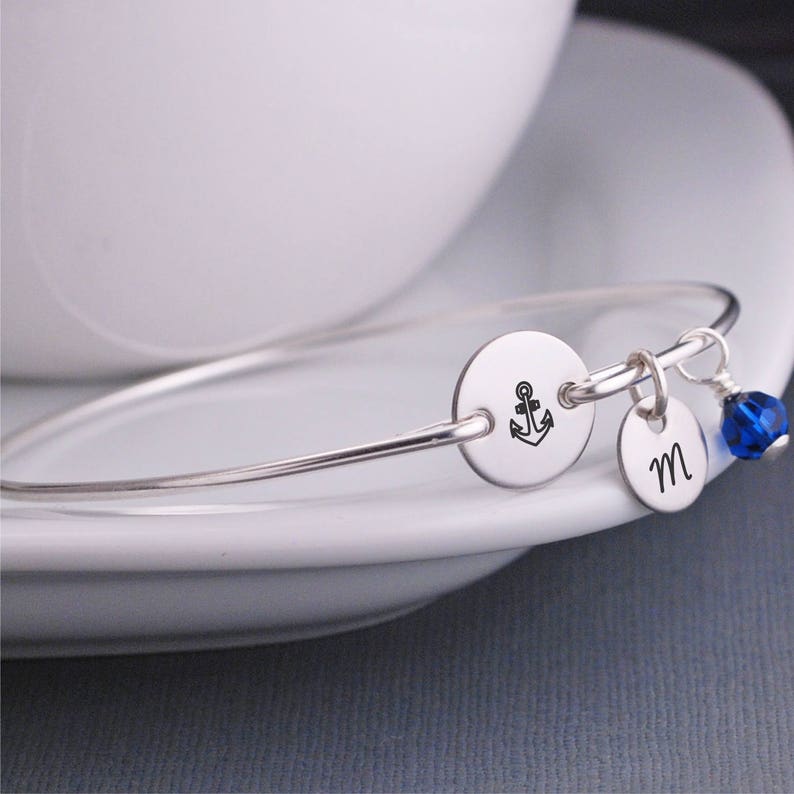 Anchor Bracelet, Nautical Jewelry, Anchor Jewelry, Custom Anchor Bangle Bracelet, Delta Gamma Jewelry, Navy Wife Gift image 1