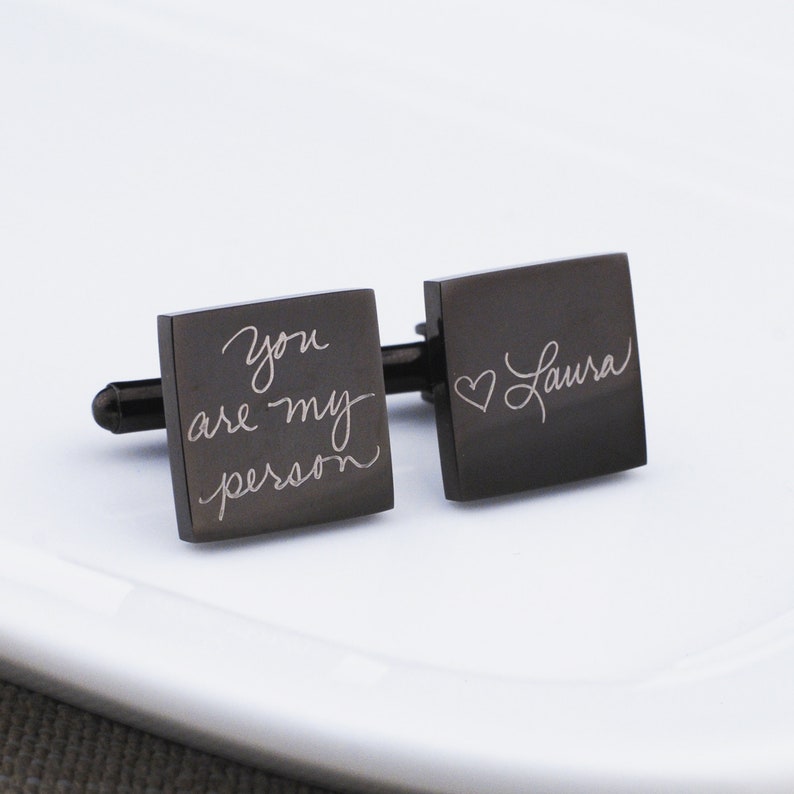 square gunmetal cufflinks showing handwritten message you are my person on one and heart laura on the other