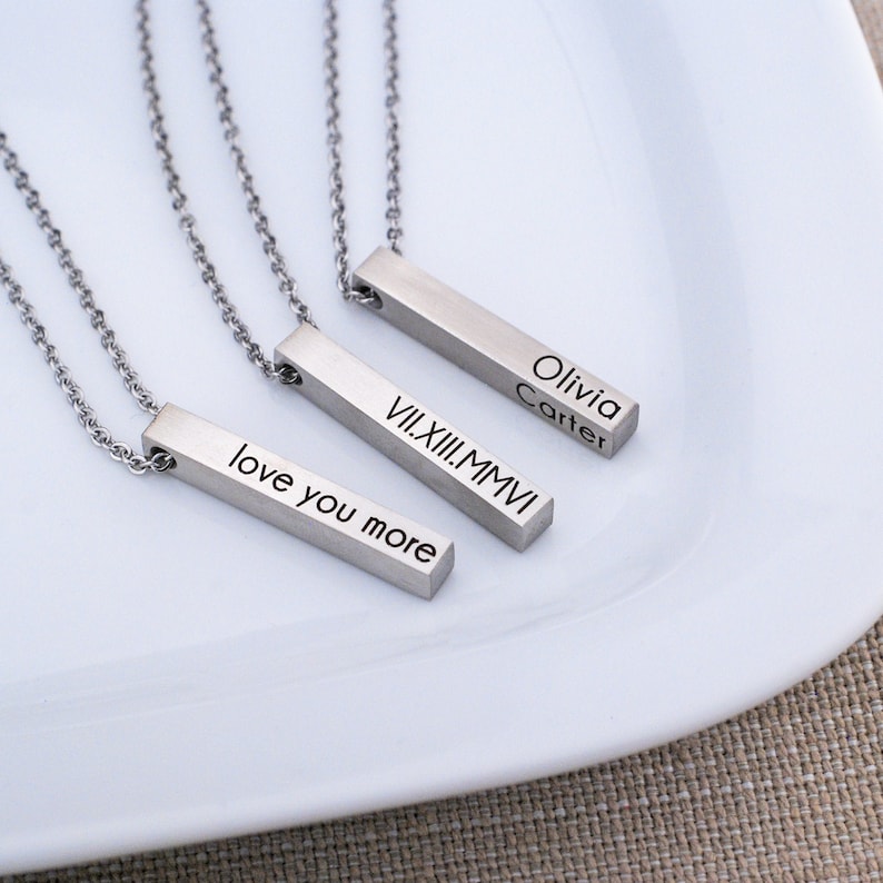 Custom Bar Necklace, Personalized Bar Necklace, Vertical Bar Necklace, Name Necklace, Modern Jewelry, Roman Numeral image 1