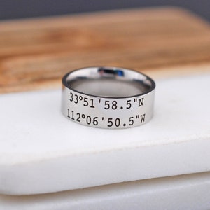 Latitude Longitude Ring, 8mm Engraved Coordinates Men's Ring, Personalized Men's Ring, Engraved GPS Coordinates Ring, Anniversary Gift