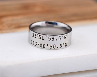 Latitude Longitude Ring, 8mm Engraved Coordinates Men&#39;s Ring, Personalized Men&#39;s Ring, Engraved GPS Coordinates Ring, Anniversary Gift