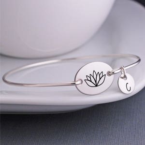Lotus Jewelry, Lotus Bracelet, Lotus Blossom Flower Engraved Bracelet, Bangle Bracelets Personalized, Yoga Jewelry