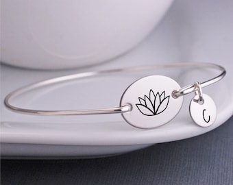 Lotus Jewelry, Lotus Bracelet, Lotus Blossom Flower Engraved Bracelet, Bangle Bracelets Personalized, Yoga Jewelry