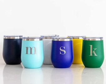 Wine Tumbler With Initial, Insulated 12oz  Wine Tumbler, Custom Engraved Tumbler, Personalized Gift, Birthday Gift, Engraved Gift Bridesmaid