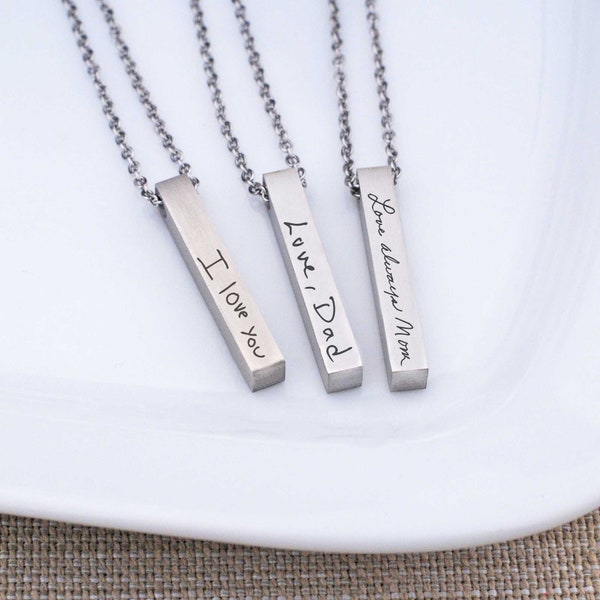 11th Anniversary Gift Steel Handwriting Bar Necklace, Mother's Day Gift, Personalized Vertical Bar Necklace Gift for Her