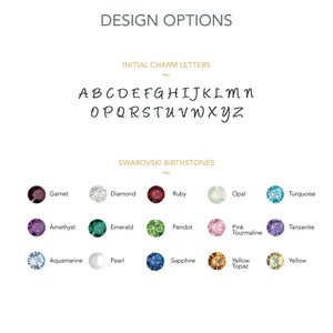May include: A chart showing design options for a personalised necklace. The chart includes a list of letters from A to Z and a selection of Swarovski birthstones in different colours.