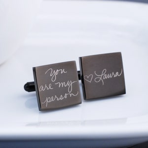 square gunmetal cufflinks engraved with actual handwriting.  cufflinks measure 5/8 inch