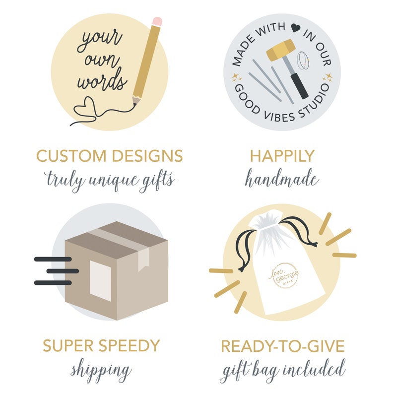 Puede incluir: Cuatro ilustraciones que resaltan los beneficios de comprar regalos personalizados. La primera ilustraci&oacute;n muestra un l&aacute;piz y un c&iacute;rculo con el texto "tus propias palabras". La segunda ilustraci&oacute;n muestra un martillo y otras herramientas con el texto "Hecho con amor en nuestro estudio de buenas vibraciones". La tercera ilustraci&oacute;n muestra una caja con el texto "Env&iacute;o s&uacute;per r&aacute;pido". La cuarta ilustraci&oacute;n muestra una bolsa de regalo con el texto "Felizmente hecho a mano, bolsa de regalo incluida".