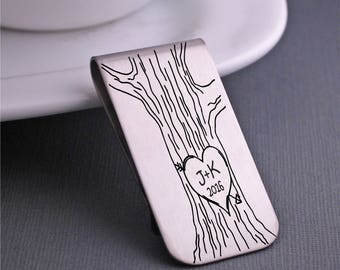 Anniversary Gift for Him, Custom Money Clip, Anniversary Gift for husband, Personalized Tree with Initials Year, Romantic Gift for Boyfriend