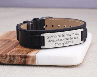 Graduation Gift for Him, Men's Leather Bracelet for Graduation, Go With Confidence Bracelet, High School, College Graduation Gift 2023