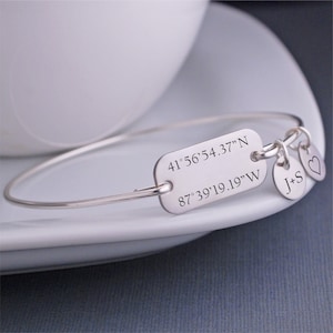 Latitude Longitude Bracelet, Personalized Wife or Bride Gift, Custom Coordinates Jewelry, Silver Bangle Bracelet