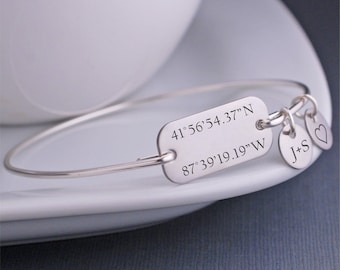 Latitude Longitude Bracelet, Personalized Wife or Bride Gift, Custom Coordinates Jewelry, Silver Bangle Bracelet, Destination Wedding