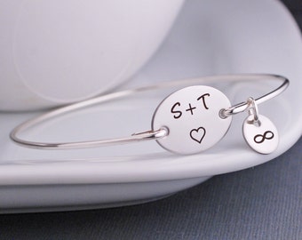 Anniversary Gift for Wife, Anniversary Gift for Girlfriend, Custom Engraved Initials and Heart, Custom Silver Engagement Bangle Bracelet