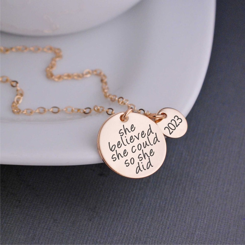 She Believed She Could So She Did Necklace, Custom Graduation Gift, Inspirational Jewelry for Graduate image 1