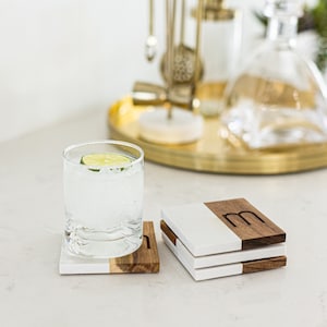Personalized Hostess Gift, Square Marble and Acacia Wood Coasters with Initial, Coaster Set of 4, Custom Engraved Coasters Gift For Hew Home