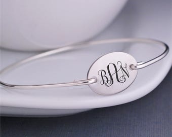 Monogram Bracelet, Silver Monogrammed Jewelry, Personalized Bridesmaid Gift Bangle Bracelet, Wedding Jewelry, Mother's Day Gift
