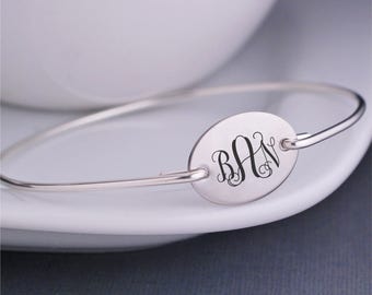 Monogram Bracelet, Silver Monogrammed Jewelry, Personalized Bridesmaid Gift Bangle Bracelet, Wedding Jewelry