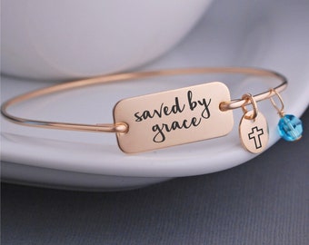 Saved By Grace Bangle Bracelet, Inspirational Jewelry, Personalized Modern Religious Jewelry, Faith Gift for Her