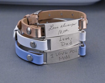 Custom Mother's Day Gift for Her, Engraved Handwriting Leather Bracelet, 3 Year Anniversary Gift, Adjustable Leather Bracelet, Gift for Mom