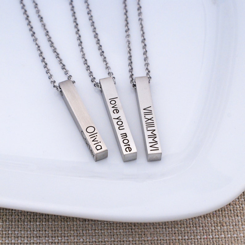 Custom Bar Necklace, Personalized Bar Necklace, Vertical Bar Necklace, Name Necklace, Modern Jewelry, Roman Numeral image 2