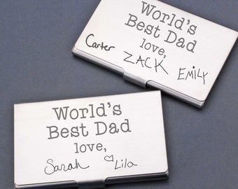 Best Gifts for Him, Father's Day Gift for Dad YOUR Kids Handwriting, World's Best Dad Business Card Holder, Personalized Birthday Gift