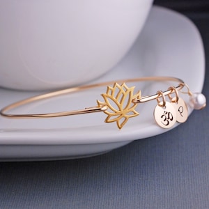 Yogi Gift, Gold Lotus Jewelry, Lotus Flower Bangle Bracelet, Yoga Jewelry, Gold Bangle Bracelet, Stackable Bangles Fall Fashion image 1