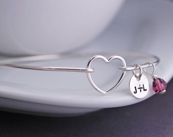 Heart Bracelet, Personalized Silver Heart Jewelry, Mother's Day Gift, Amethyst Jewelry, Gift for Wife, Anniversary Gift for Her