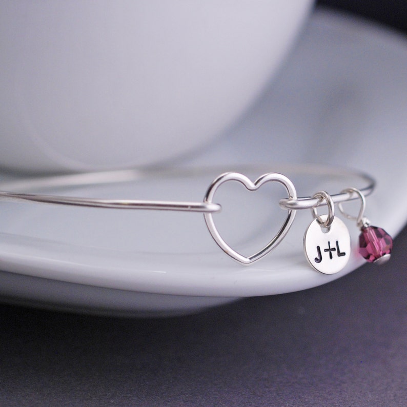 Heart Bracelet, Personalized Silver Heart Jewelry, Mother's Day Gift, Amethyst Jewelry, Gift for Wife, Anniversary Gift for Her image 1