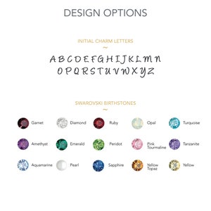 May include: A chart showing design options for a personalized necklace. The chart includes a list of letters from A to Z and a selection of Swarovski birthstones in different colors.