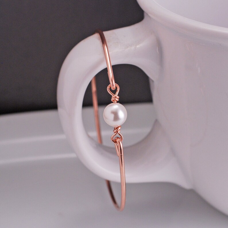 Rose Gold Pearl Bracelet, Personalized Pink Gold Bangle Bracelet, Swarovski Choice of Color Pearl Bracelet, Bridesmaid Jewelry image 3