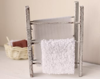 Dolls House Miniature Shabby Drying Rack with Towel and Sheet