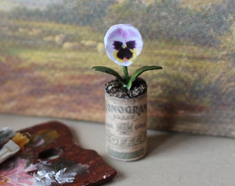 Dolls House Miniature Pansy in Vintage Tin Can