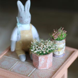 Op de afbeelding: Een miniatuurscène met een grijze konijnenpop in een tuinbroek, naast twee kleine potplanten op een roze tafel. Eén plant staat in een zeshoekige pot, de andere in een decoratief blik.
