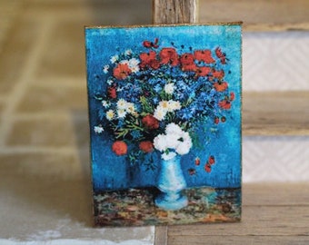 Dolls House Miniature blue cornflower and poppies oil painting 12th scale