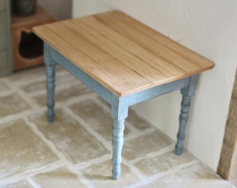 Dolls House Miniature farmhouse wooden table in shabby blue 12th scale