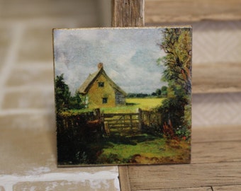 Dolls house miniature Constable yellow house landscape oil painting 12th scale