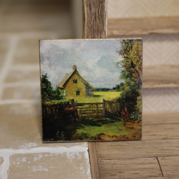 Dolls house miniature Constable yellow house landscape oil painting 12th scale