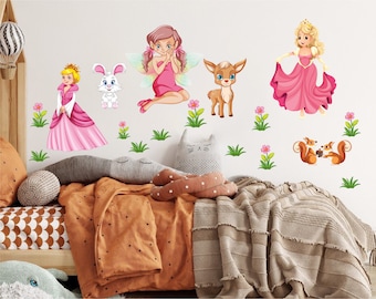 Wall sticker for children's room and wall sticker consisting of princess babies, snow white, deer rabbit, squirrel and flowers.