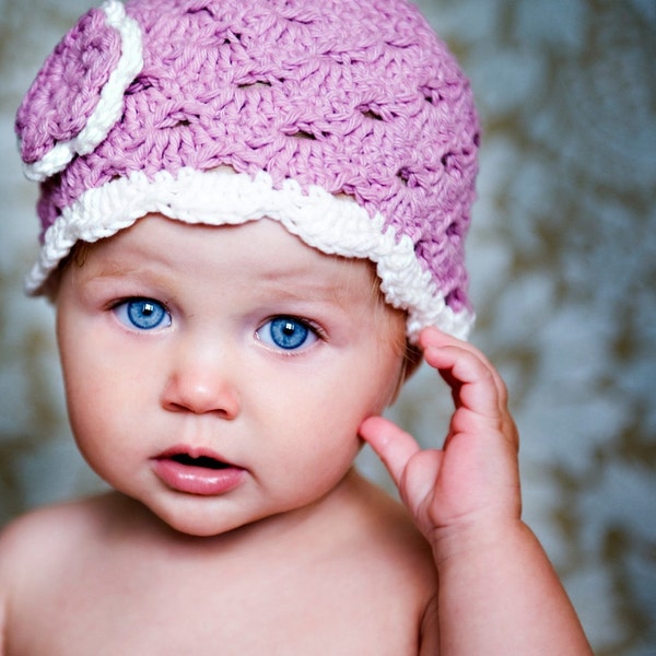 6-12 Month Crochet Beanie With Flower - mauve, eggshell, mauve