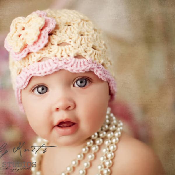 Crochet Baby Hat, Baby Girl Hat, Baby Girl Beanie, Baby Newborn Hat, Newborn Prop, Newborn Baby Hat, Baby Girl, Cream Pink